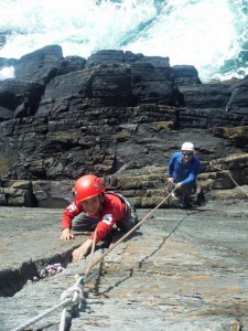 Andy belaying Igor at Pen Y Cyfwyr