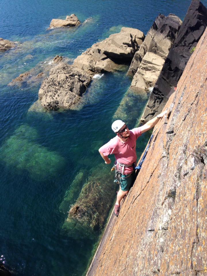 Julian leading Red Wall, at Porth Clais