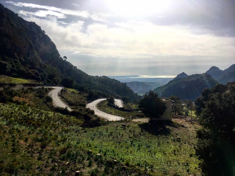 Some of the hairpins heading up the col d'Soller, looking back towards the Med.