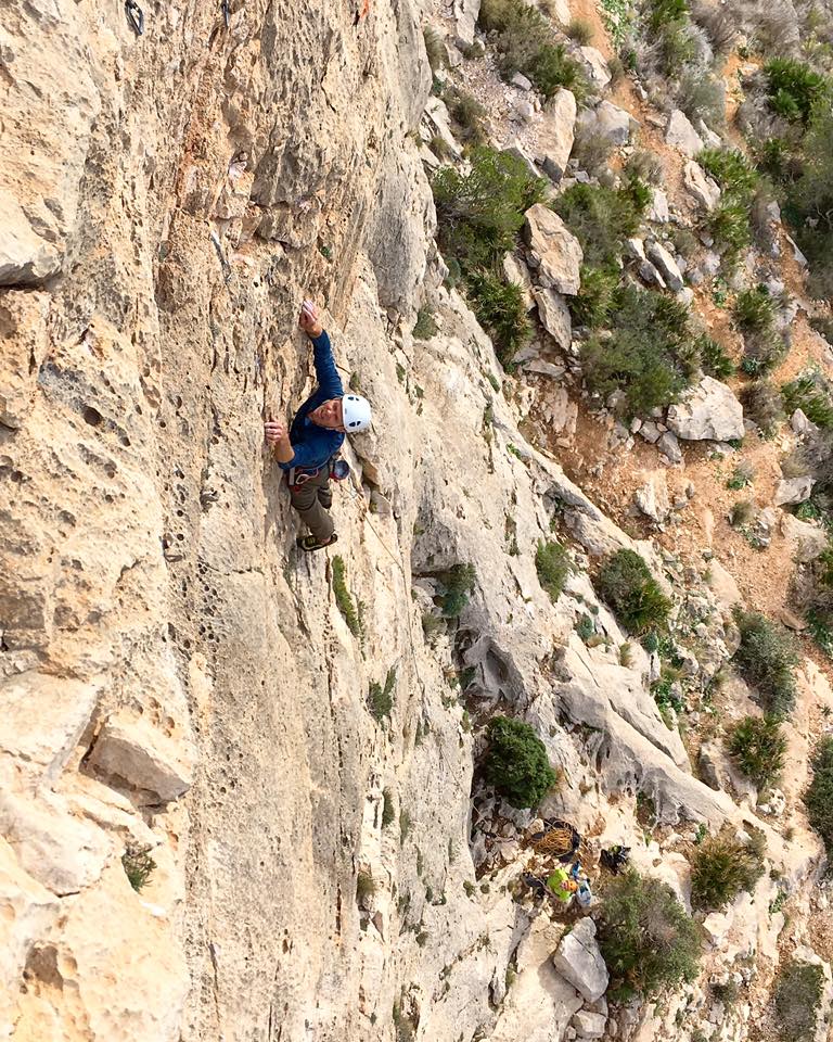 Bill putting a massive effort in leading a long route at Toix, Sport Climbing in Costa Blanca..