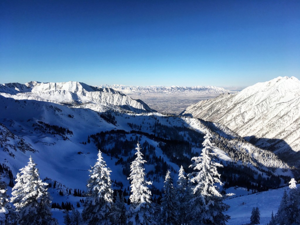 Looking down to Salt Lake City, from the summit of Hidden Peak, Snowbird.