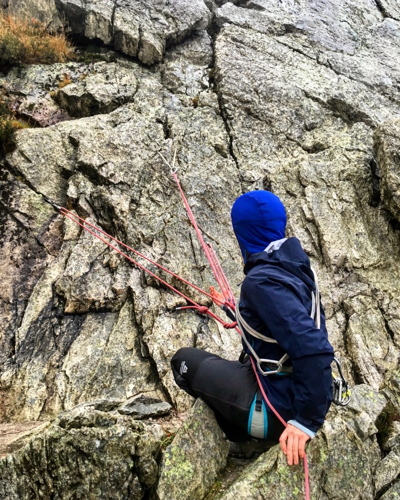 Belay building practice at Lion Rock, Snowdonia.