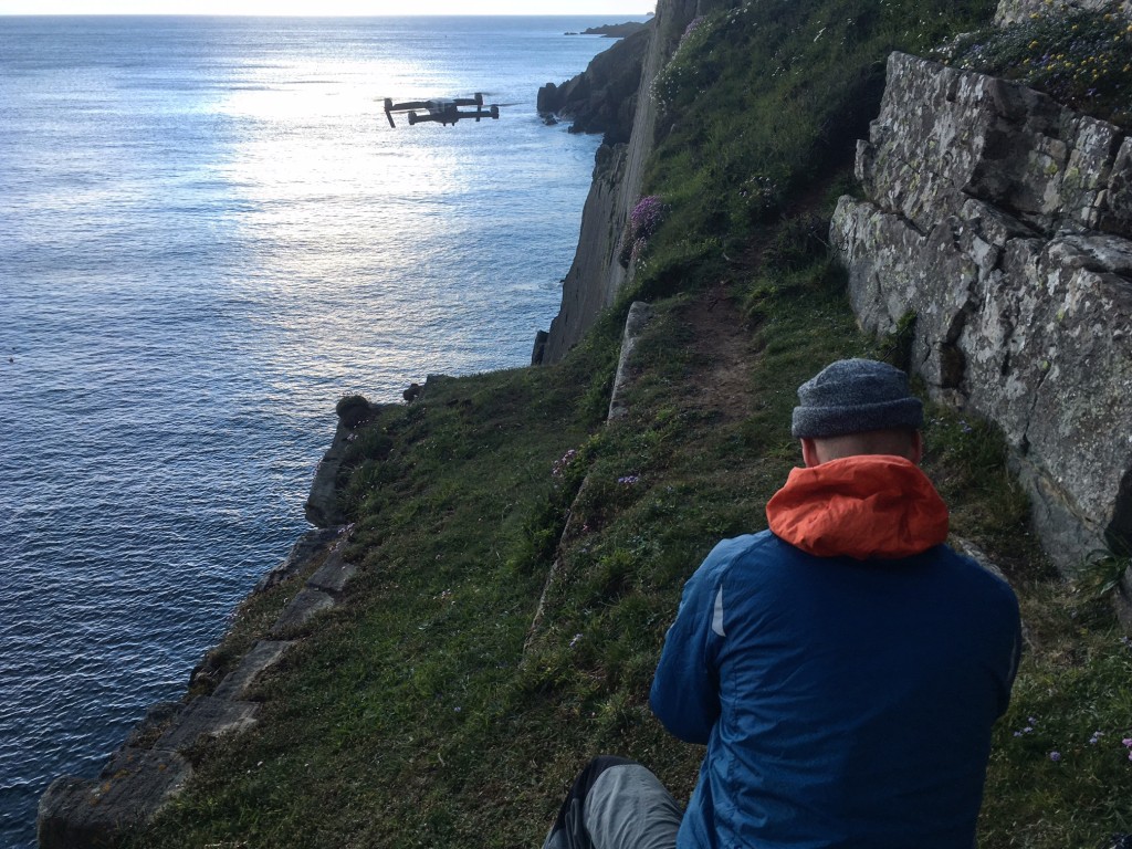 Treader Tube setting the drone off over Barcud, filming Cliff Camping in Pembrokeshire 