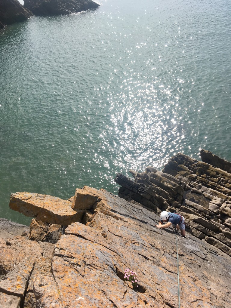 Tony climbing in beautiful Pembrokeshire Sunshine!