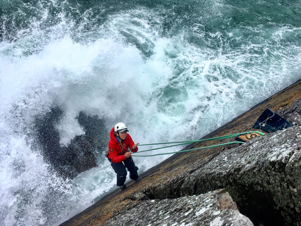 Big swell hitting as Rachel is rescued from Porth Clais.