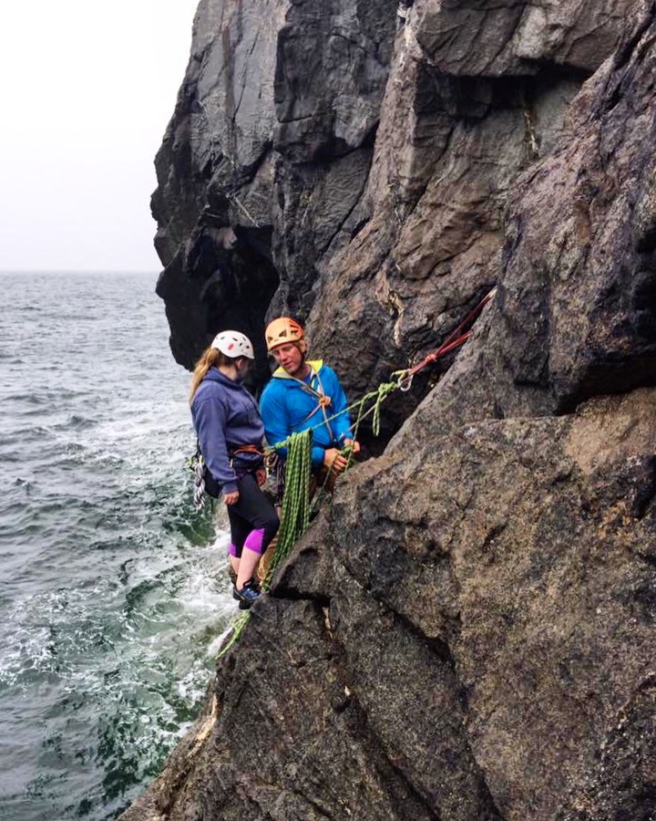 Me showing Abs the ins and outs of a hanging belay, out at St Davids Head - one of Pembrokeshires lesser known climbing spots!