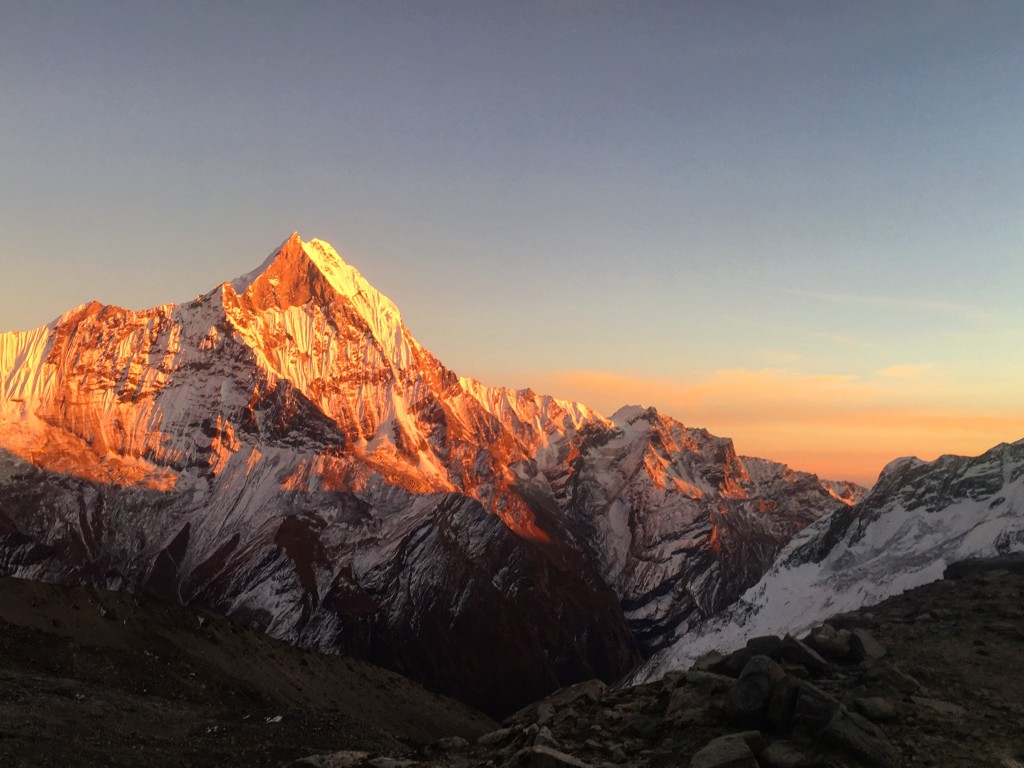 Sunset over Machupuchre on the descent off Tharpu Chuli 