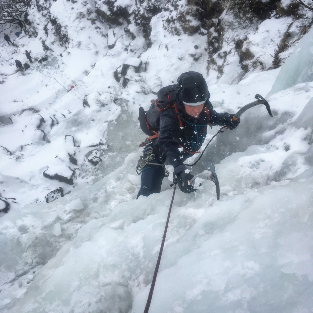 Joey winter climbing in the Brecon Beacons, Torpantau Falls...