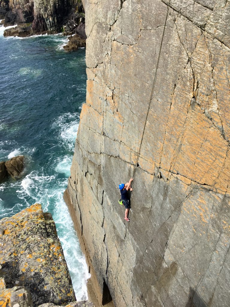 Steep climbing at Barcud for the Haverfordwest youth climbing team during their Mountain Training Rock Skills course..